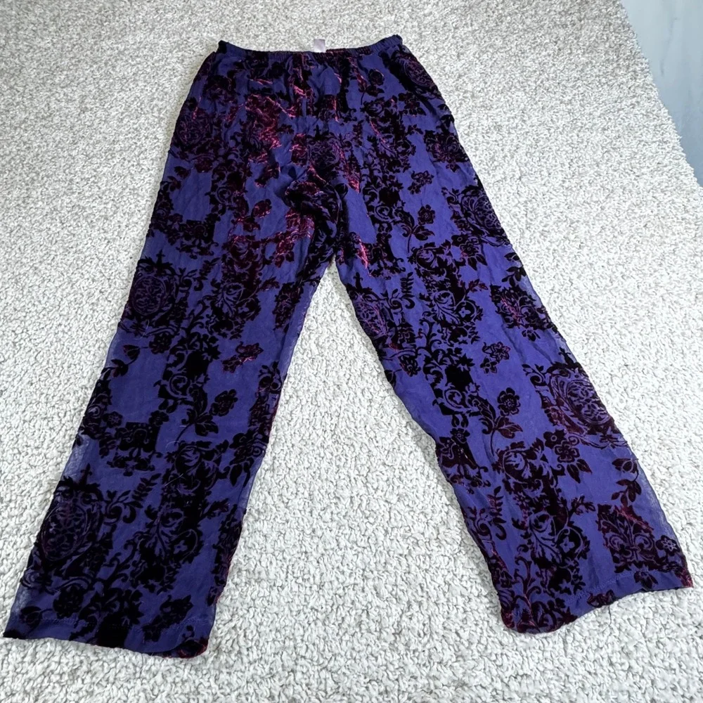 Velvet Burnout Floral Pants Set Purple Burgundy Sheer‎ Bohemian Blouse Top